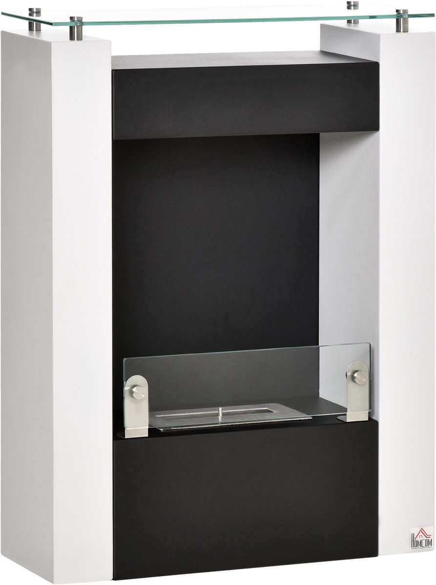HOMCOM Ethanolhaard Staal, roestvrij staal, gehard glas 60B x 20D x 79H cm Wit+Zwart