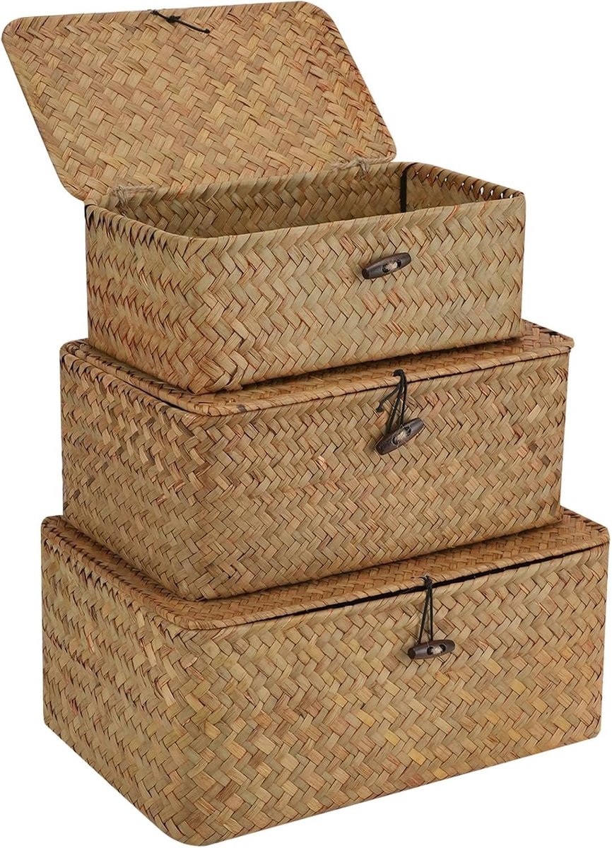 Set van 3 Opbergmanden met Deksel van Natuurlijk Zeewier, Ideaal voor Badkamer, Keuken en Woonkamer, Perfect voor Wasgoed en Make-up Organisatie