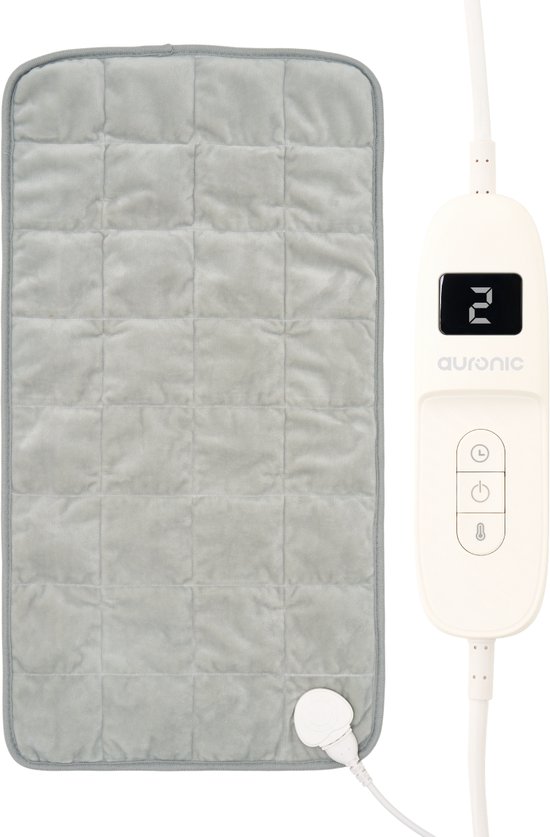 Een grijs, gewatteerd warmtekussen met een digitale afstandsbediening met het Auronic logo, een timer- en warmteknop.