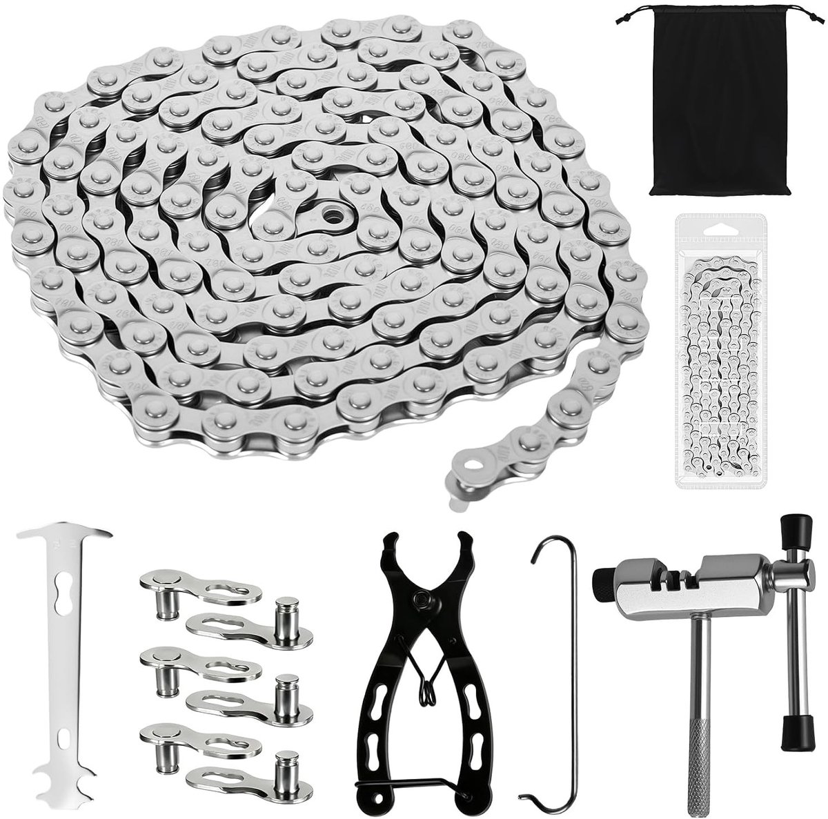 Fiets Ketting 1/2 x 3/32 Inch 116 Links, Geschikt voor 6/7/8 Versnellingen, Inclusief Kettingbreker en Kettingsluiters voor Mountainbike en Racefiets