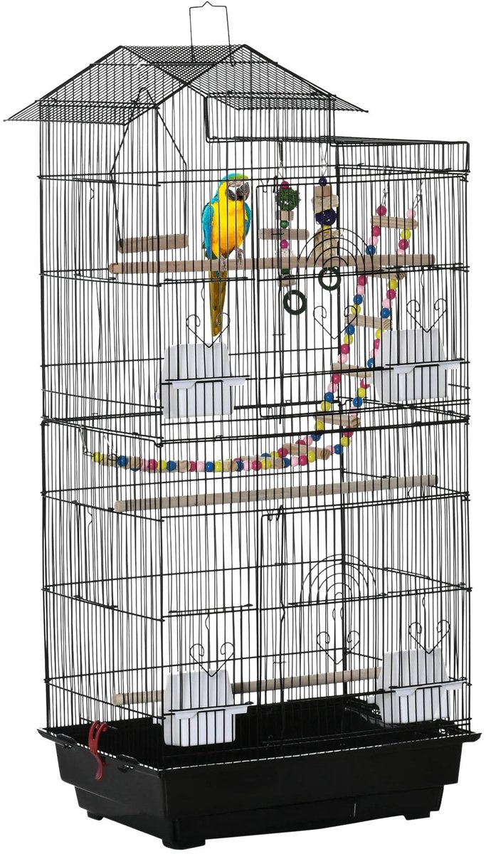 Atlasyx vogelhuisje - Vogelkooi - Papegaaienkooi - Parkietenkooi - Vogelkooi met standaard - 4 Voerbakken - 46 x36x 100 cm - Zwart