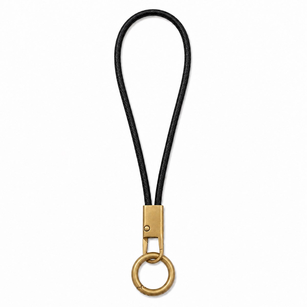 Travel Cords Keycord Kort – Zwart Leer – Sleutelkoord met Karabijnhaak en Afneembare Ring – Mat Messing - 20 cm – Autosleutel & Sleutels