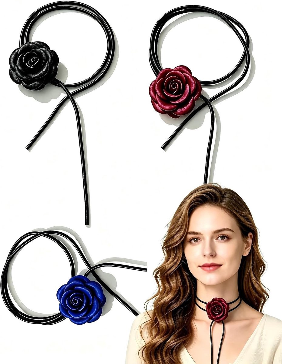 Set van 3 verstelbare chokers in rozenvorm, elegante bloemenkettingen voor feestjes en speciale gelegenheden, modieuze accessoires in zwart, rood en blauw