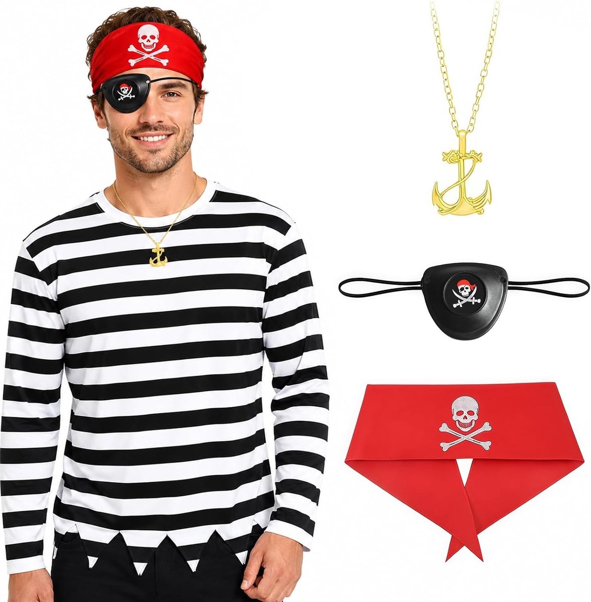 3-delige piratenaccessoireset met rode hoofddoek, oogklep en gouden ankerketting voor Halloween, carnaval en kostuumfeesten