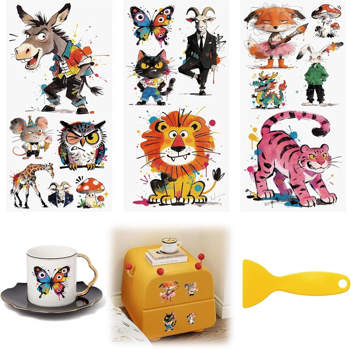 Transfers voor ambachten, 3 stuks dieren thema UV DTF Stickers, waterdichte decals voor meubels, hout, scrapbook en DIY decoratie