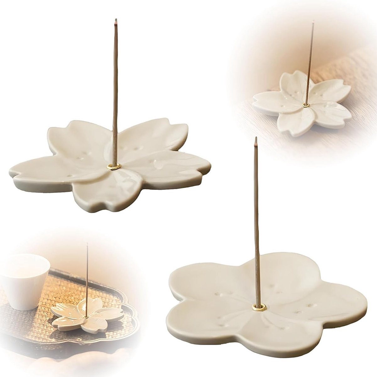 Set van 2 Keramische Wierookhouders met Kersenbloesem en Prunus, Inclusief Asborstel, Voor Thuis en Meditatie