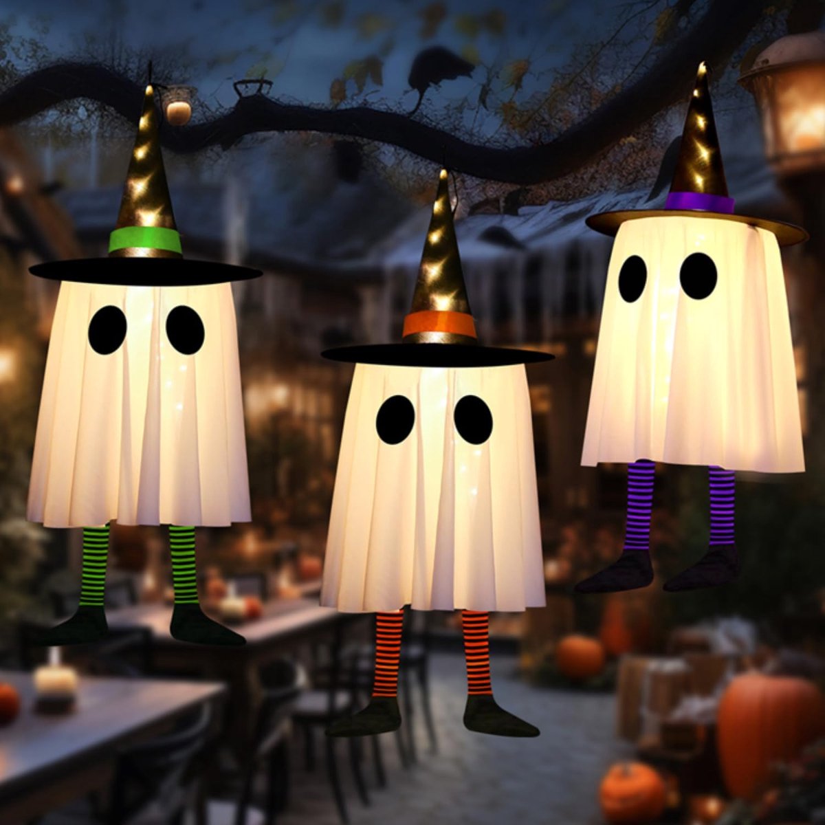 3 Stuks Hangende Halloween decoratie - Halloween spook - Spook Met Verlichting - Oplichtende tovenaarshoed - Hangende Geest - Halloween-decoraties - Halloween-cadeaus - Voor Halloween & Herfstdecoratie - 60x20cm - 3 kleuren - TENGYIF®