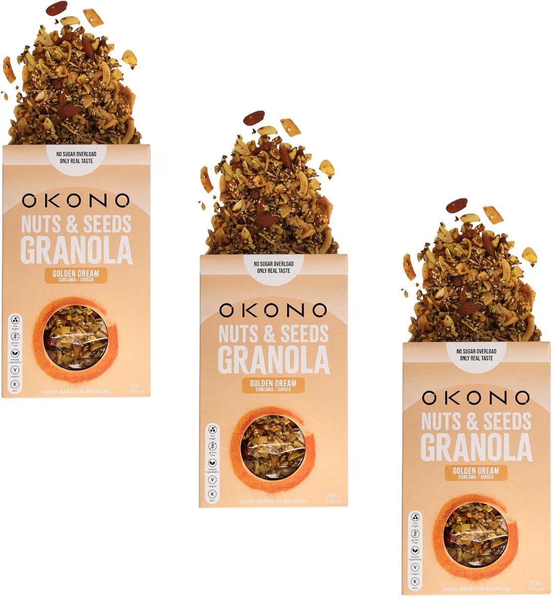 OKONO Golden Dream Granola 3 x 250 g - Keto Granola met Noten en Zaden - Zonder Toegevoegde Suikers - Glutenvrij en Vegan