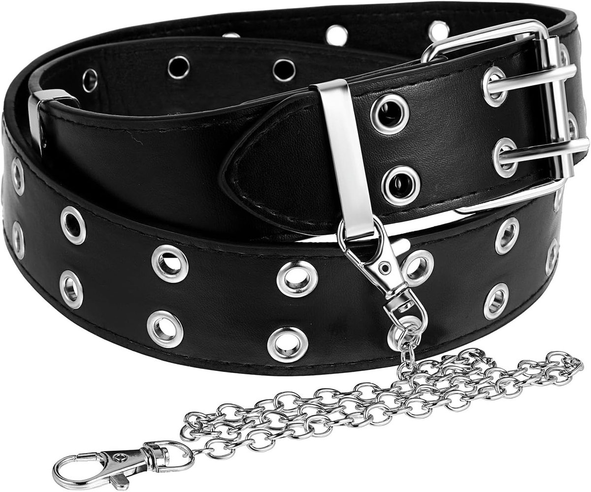 Punk leren riem met dubbele oogjes, gothic stijl, zwart, maat M, trendy accessoire voor elke outfit