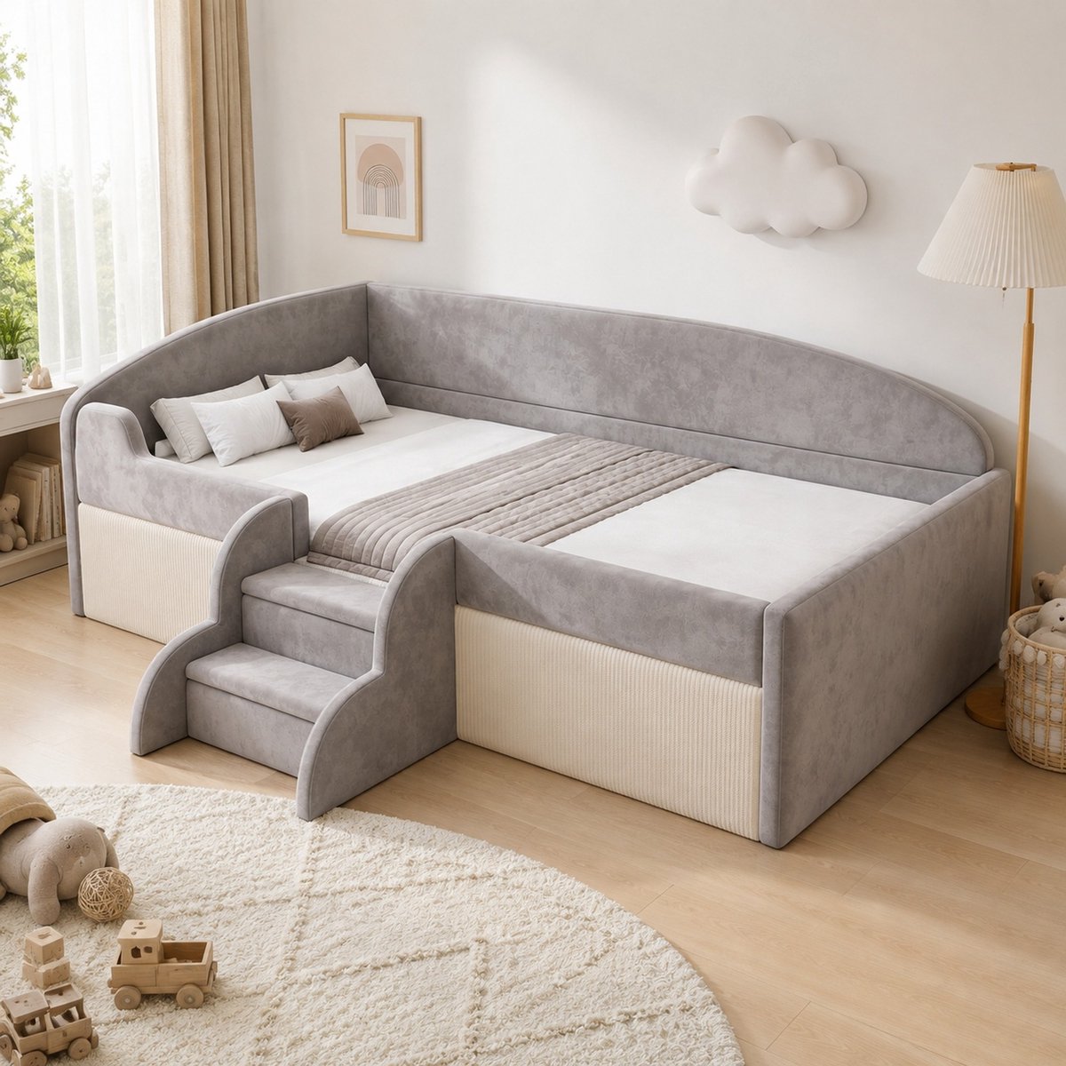 OKWISH Gestoffeerd Kinderbed 90x190 Cm - Multifunctioneel Bed Met Stappen En Beschermranden - Lattenbodem - Stof - Grijs - Zonder Matras