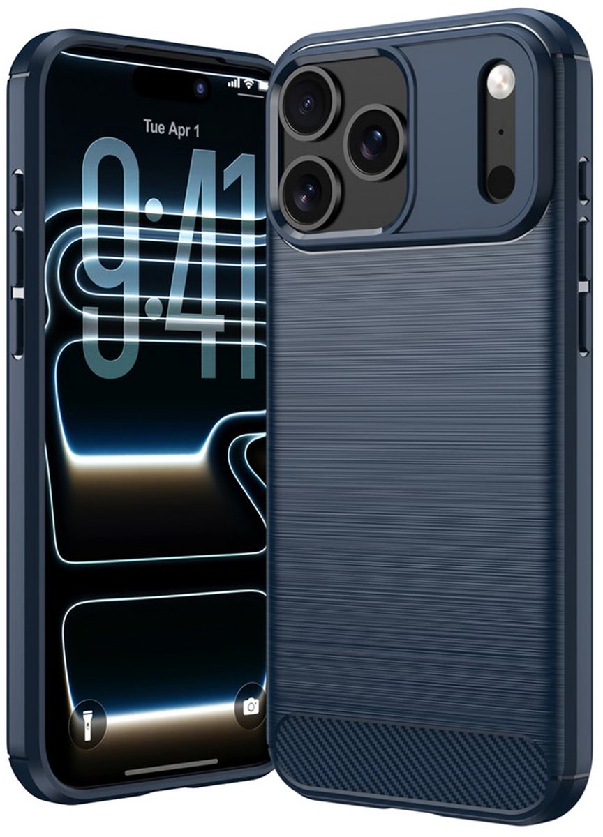 MobyDefend Hoesje - Geschikt voor iPhone 18 Pro Max - TPU Backcover - Geborstelde Metaal & Carbon-Look - Blauw