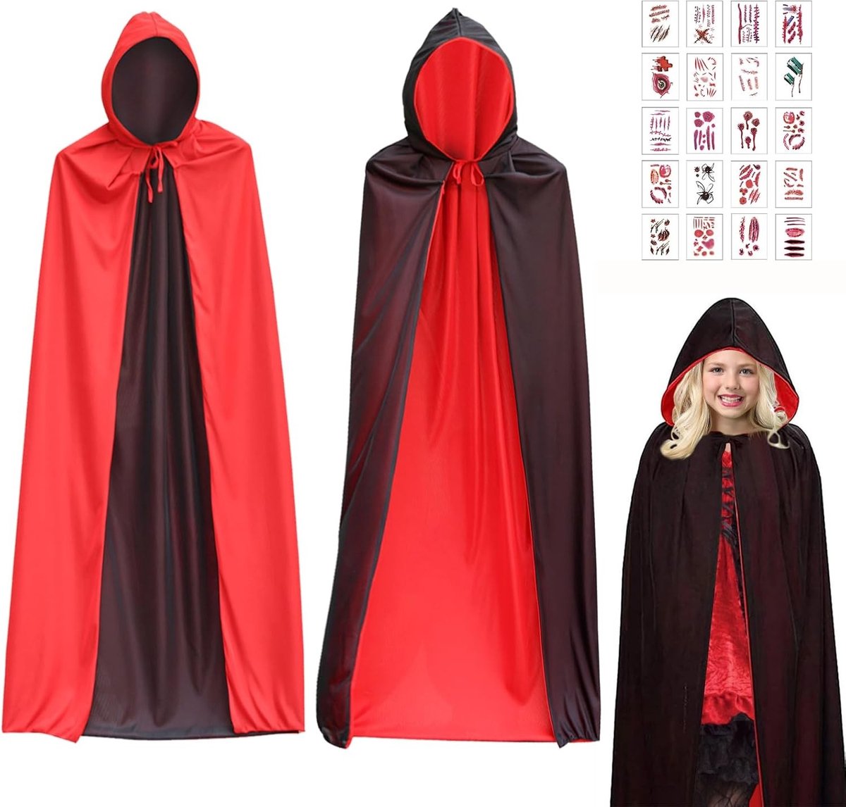 Halloween Kostuum Vampier Zwart met Kap - Cosplay Outfit met 20 Tatoeages voor Carnaval en Feestjes