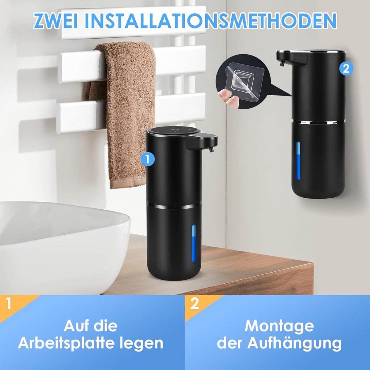 COVREO Automatische zeepdispenser met sensor – 22x7x7 cm – Wandgemonteerde schuimdispenser voor badkamer en keuken – IPX5 waterdicht – Zwart