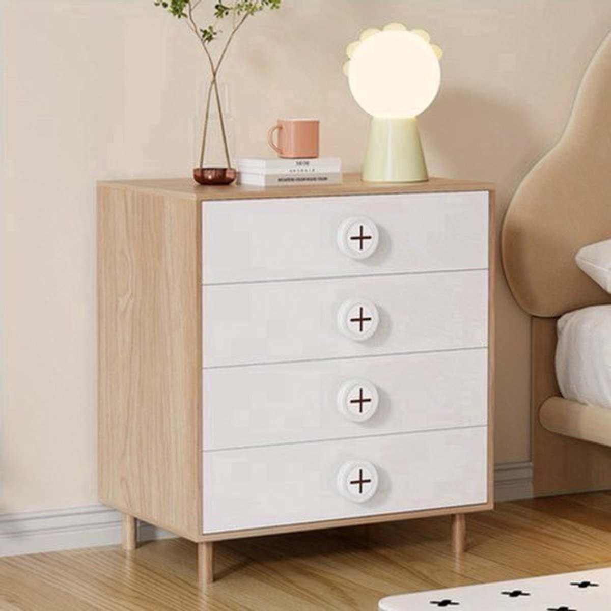 Nachtkastje – Bedkast – Slaapkamerkast – Opbergkast – Ladekast – 4 Laden – Gelakt Spaanplaat – 80x54x90 cm – Wit – Stevige Steunbeugel