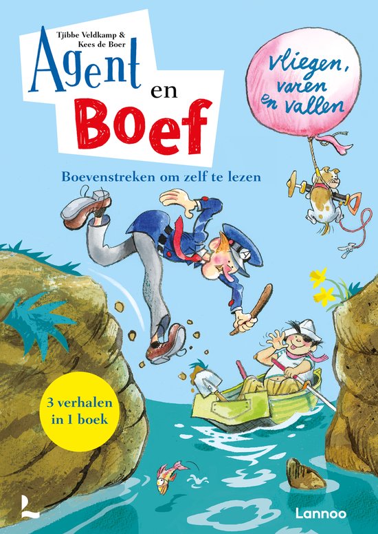 Boek 'Agent en Boef vliegen, varen en vallen' met Agent die uit een boot valt en Boef die in een boot drijft.