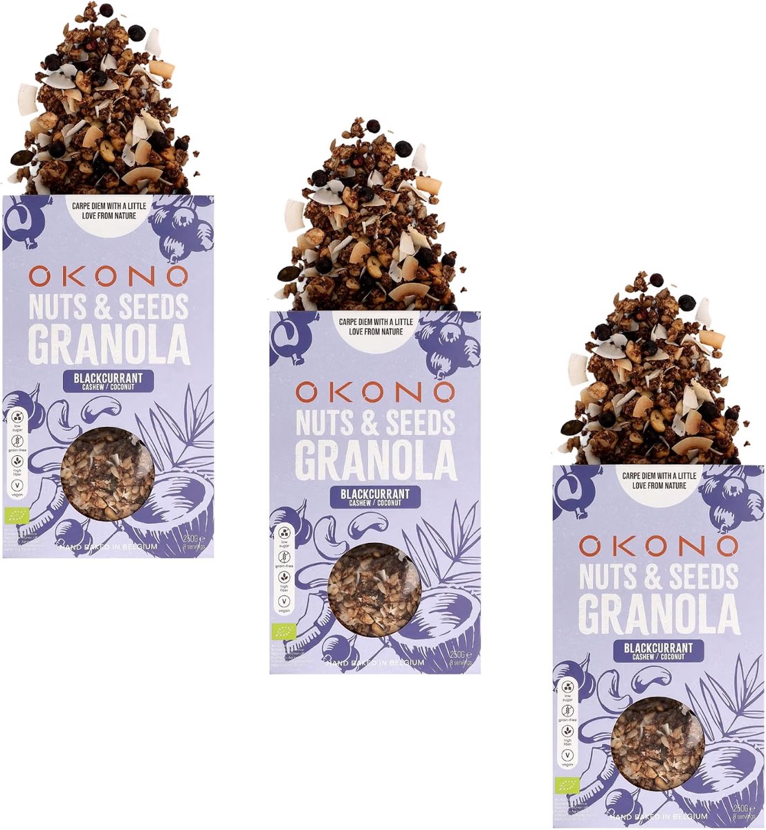 OKONO Organic Nuts & Seeds Granola Blackcurrant 3 x 250 g - Biologische Keto Granola met Zwarte Bes - Zonder Toegevoegde Suikers - Glutenvrij en Vegan
