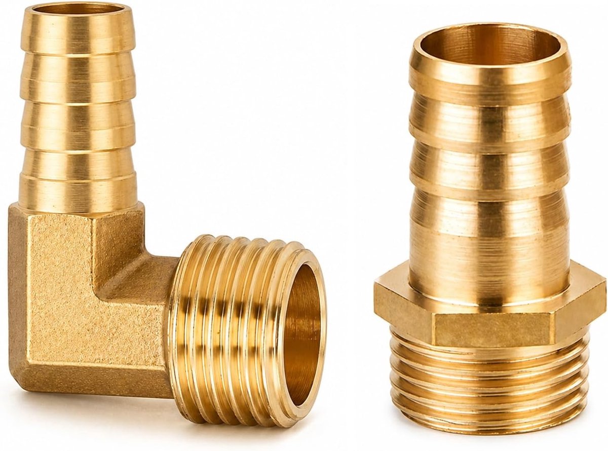 Set van 2 stuks 16mm Messing Slanguitloop en Slangbarb Fittingen, 1/2 Inch Slangnippel Connector, 90 Graden Hoekadapter voor Water, Gas en Lucht