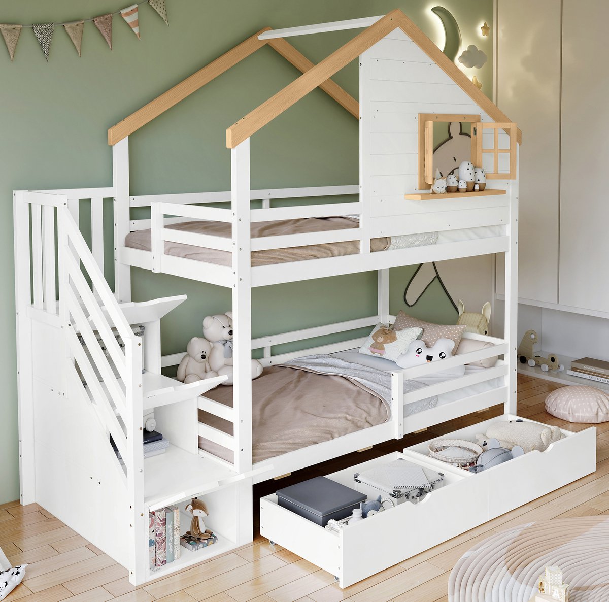 COVREO Stapelbed met traplades – 254x95x237,5 cm – Kinderbed van hout en MDF – met opberglades onder het bed – Wit en naturel - zonder matras