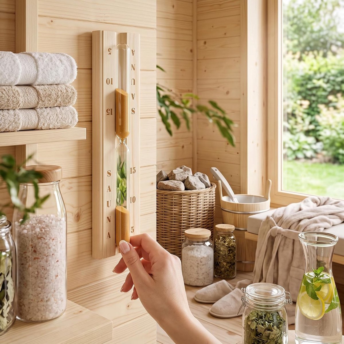 Sauna zandloper 15 minuten, wandgemonteerd draaiend houten zanduur, hittebestendig glas voor spa en gym gebruik