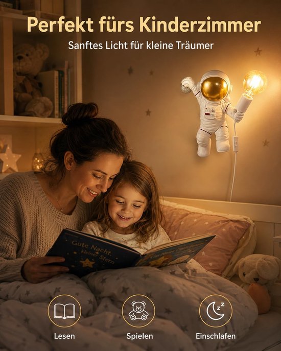 Kinder Wandlamp - Nachtlampje Astronaut - Kinderslaapkamer Verlichten - Met Stekker en Snoer - 32 cm Hoog - Wit — afbeelding 4