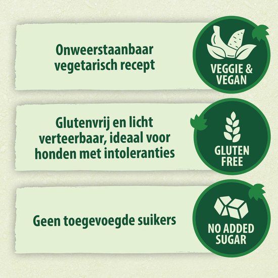Drie groene iconen met tekst: 'Veggie & Vegan', 'Gluten Free', 'No Added Sugar'.