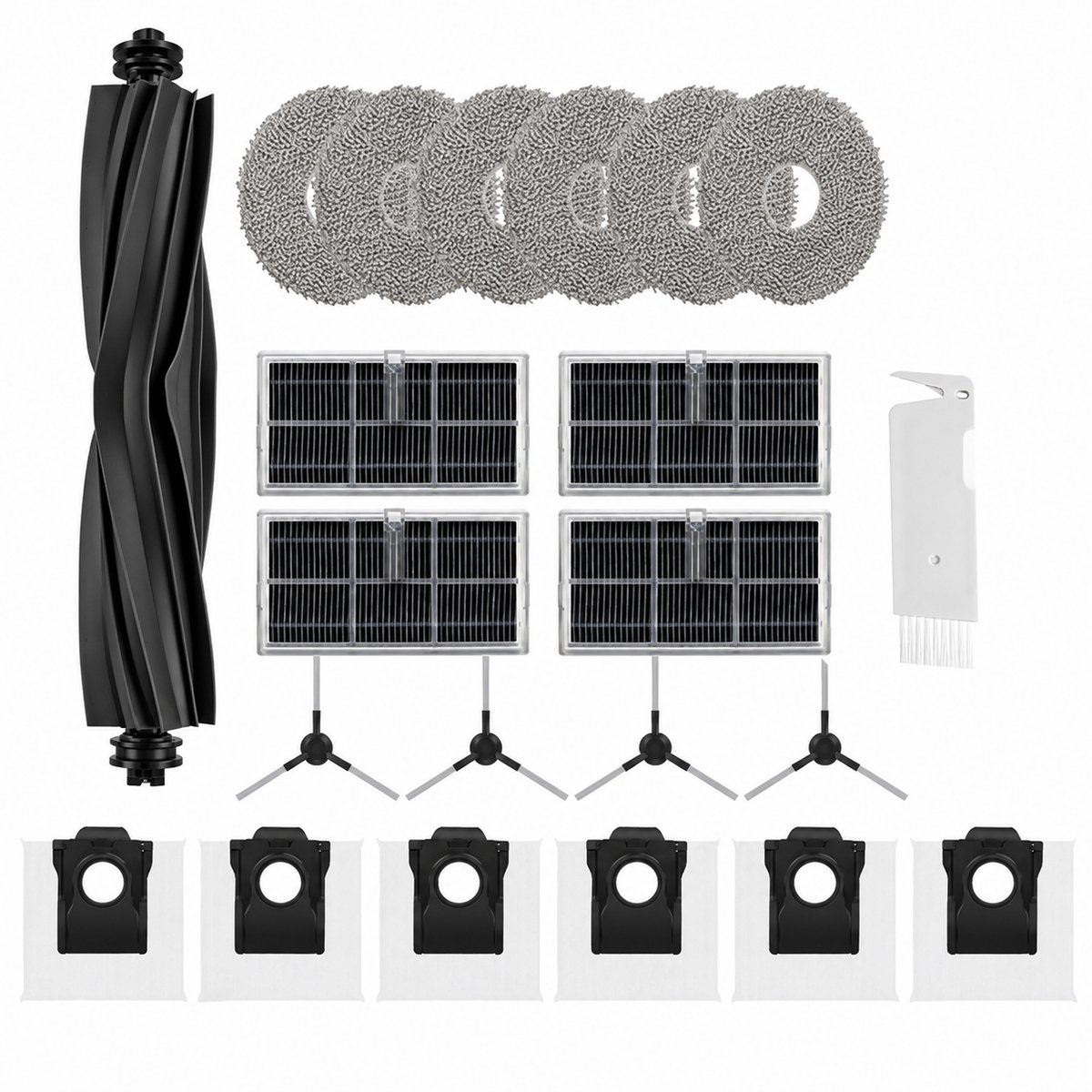 Accessoires gescht voor：Dreame X30Ultra/L40sUltra AE/CE，1 x hoofdrolborstel, 6 x stofzak, 4 x zijborstels, 4 x filter, 6x dweildoeken