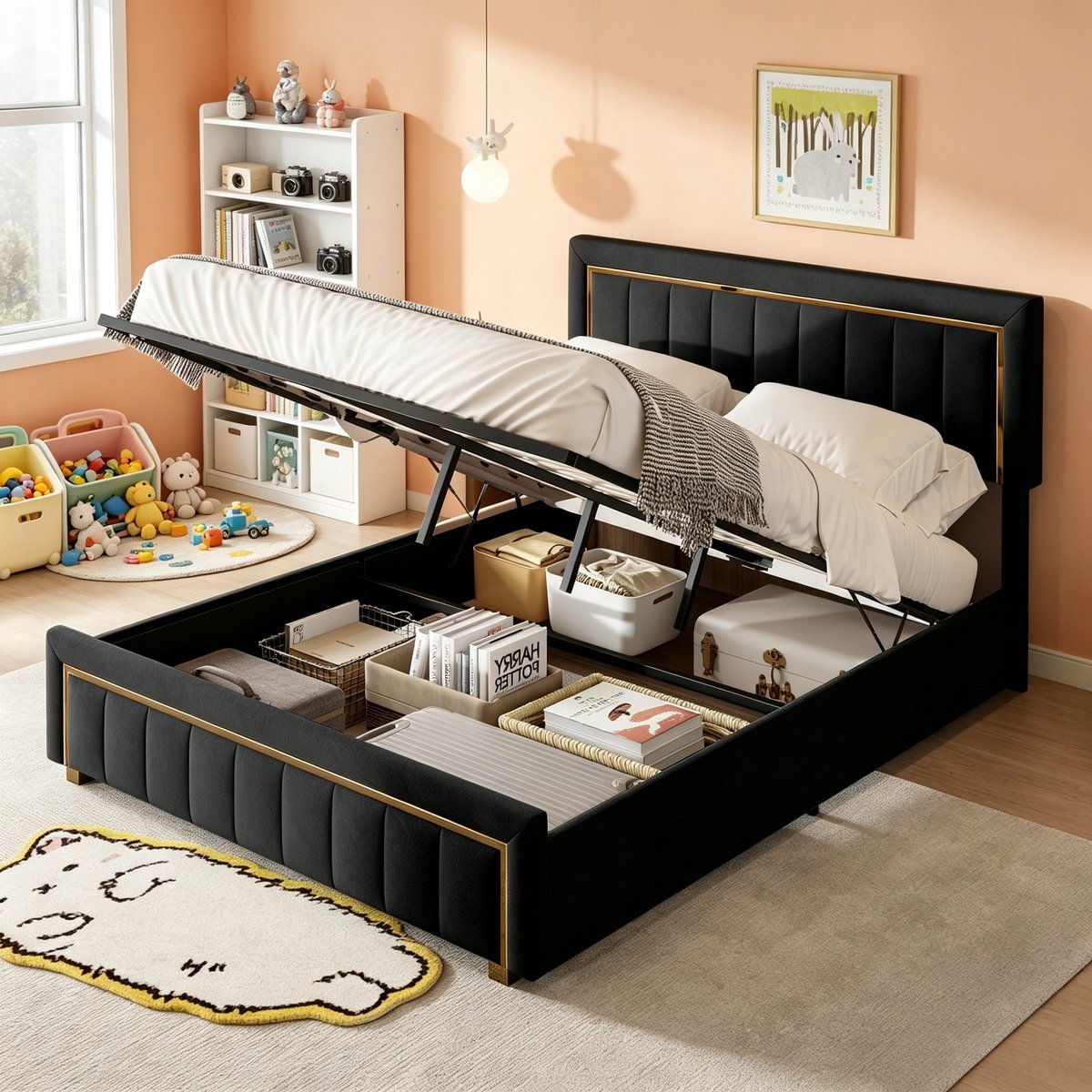 ROSAHQNDA Tweepersoonsbed 160x200 cm, luxe gestoffeerd bed met hoofdbord, 2 persoonsbed met verticale bekleding en gouden metalen rand, fluwelen bedframe zwart, zonder matras