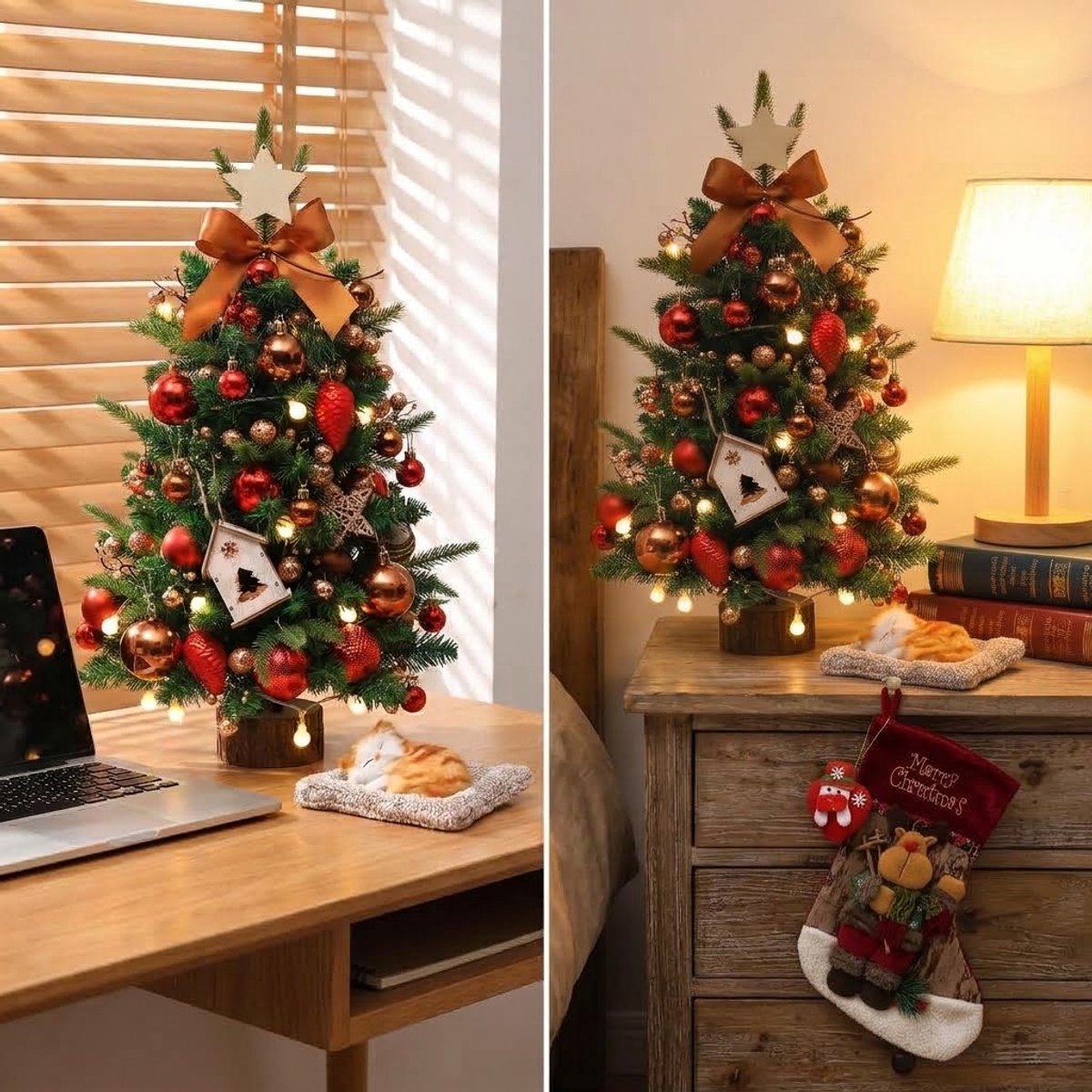 Mini Kunstkerstboom 60 cm Voor Cadeauset- Tafelkerstboom 60 cm met Kerstmuts ,Kerstsok , Pluche katje, LED, Kerstdecoratie, PVC+PE & Houten Voet – Sfeervolle Tafelkerstboom – Tafel Decoratie – Kerst Versiering voor Thuis & Kantoor – foto 3