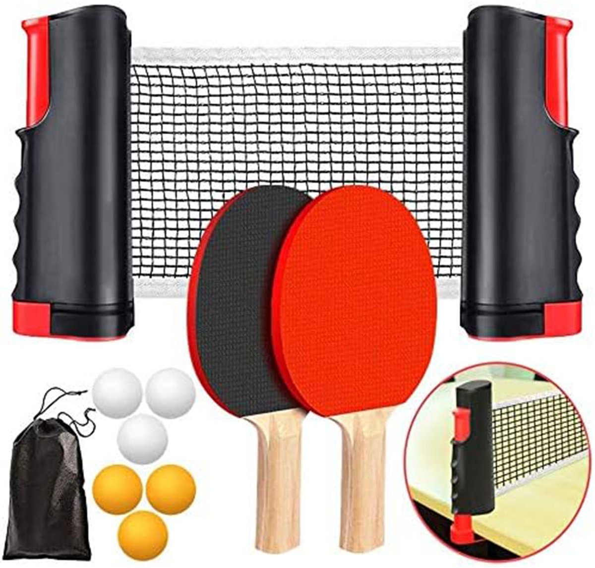 Tafeltennisset – Draagbaar Tafeltennisnet tot 170 cm – Uittrekbaar Tafeltennisnet met Klemmen voor Tafelbladen tot 5 cm – 2 Tafeltennisrackets en 6 Tafeltennisballen – Pingpongset met Draagtas – Voor Binnen en Buiten