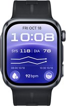 Zwarte Huawei smartwatch met bloeddrukmeter display. Toont 'FRI OCT 18', '10:08', bloeddruk en 92 bpm.