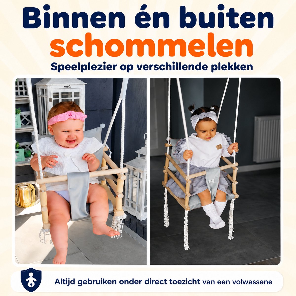 Trendmix Houten Babyschommel 3-in-1 – Meegroei Kinderschommel – Inclusief Ophanghaken – Vanaf 8 Maanden – Grijs — afbeelding 8