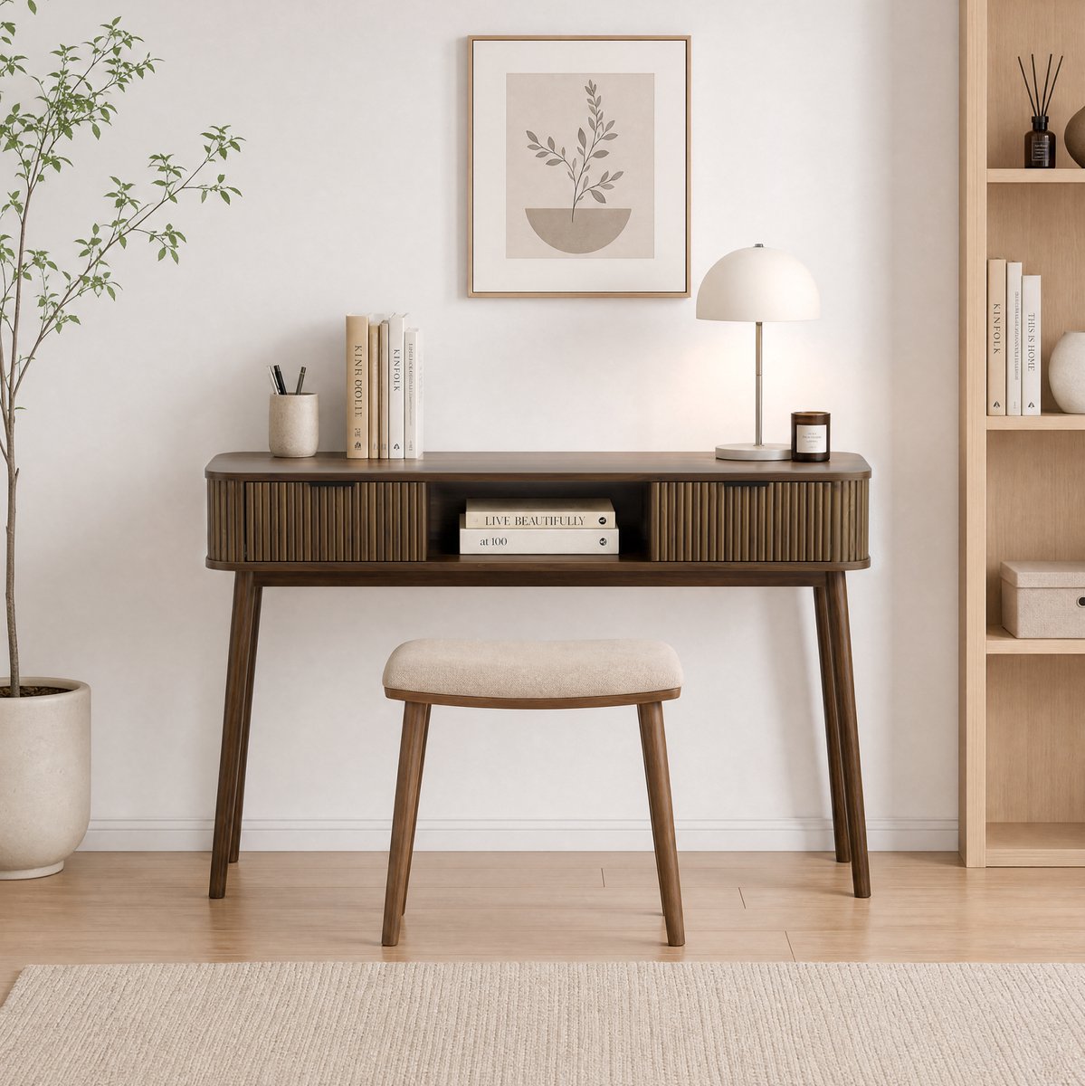 MODENUIT Sidetable - Met 2 Lades En Open Vak - Voor Woonkamer En Hal - MDF En Spaanplaat - Walnoot - 120x35x77,6 Cm