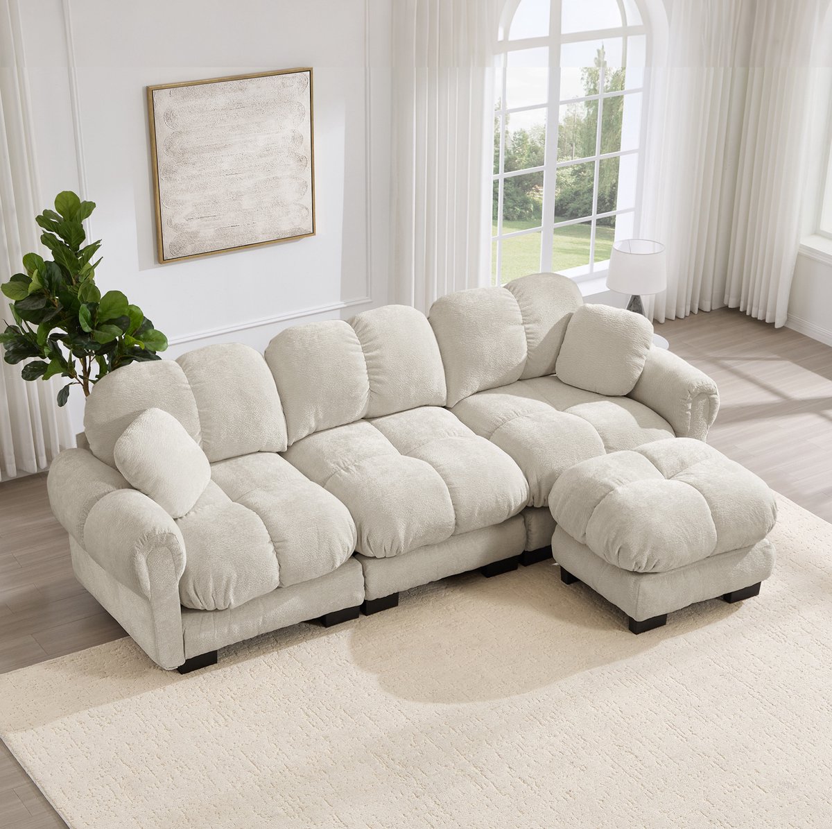Wishdor Hoekbank - 3-zits met mobiele ottomane - Met 2 sierkussens en dikke zitkussens - Gestikt design - Woonkamer - Chenille - Licht kaki - 260 x 149 x 90 cm