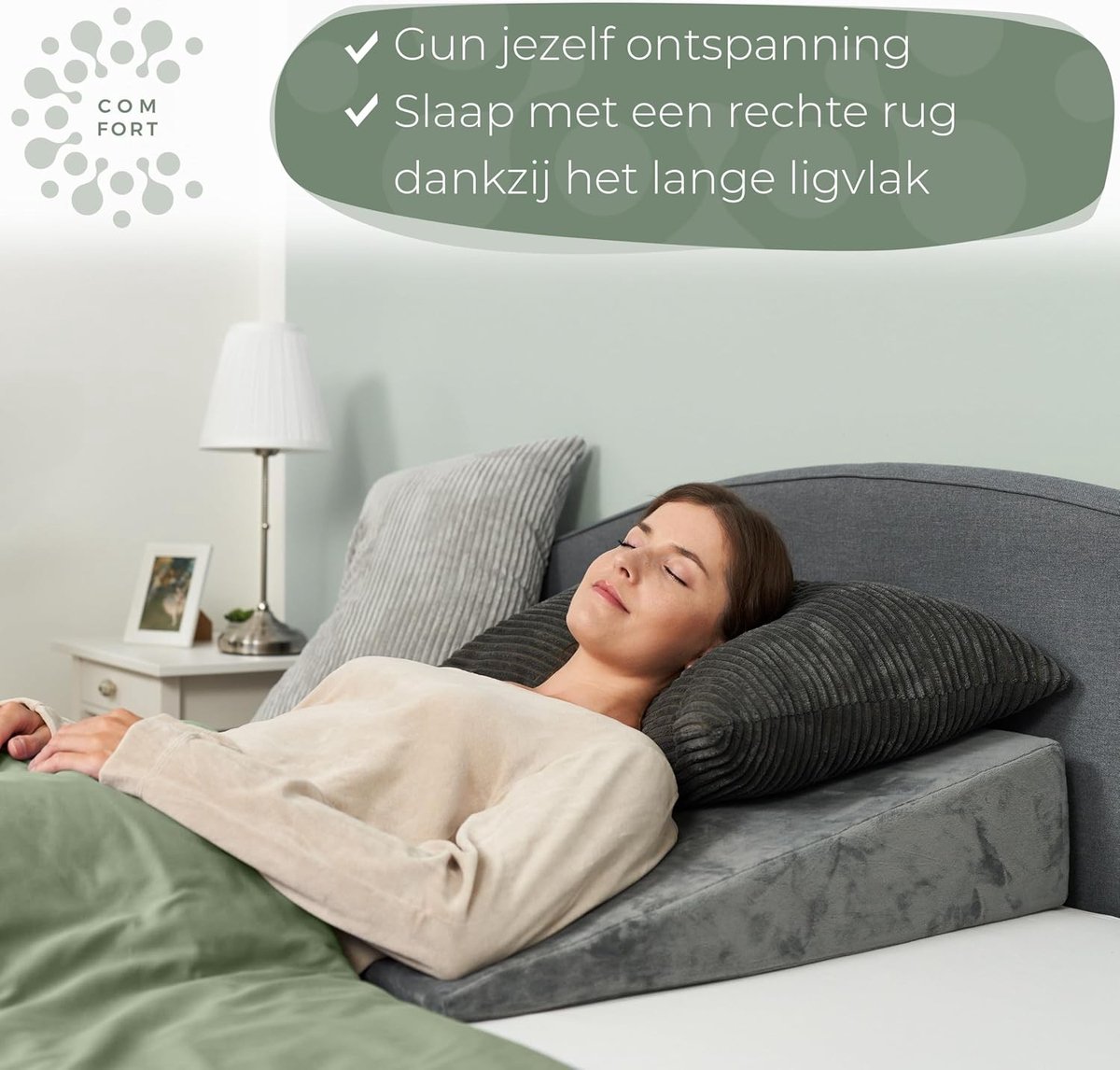 Wigkussen bed - Grijs - Ergonomisch traagschuim rugkussen met wasbare hoes - Voor optimale rug- en nekondersteuning