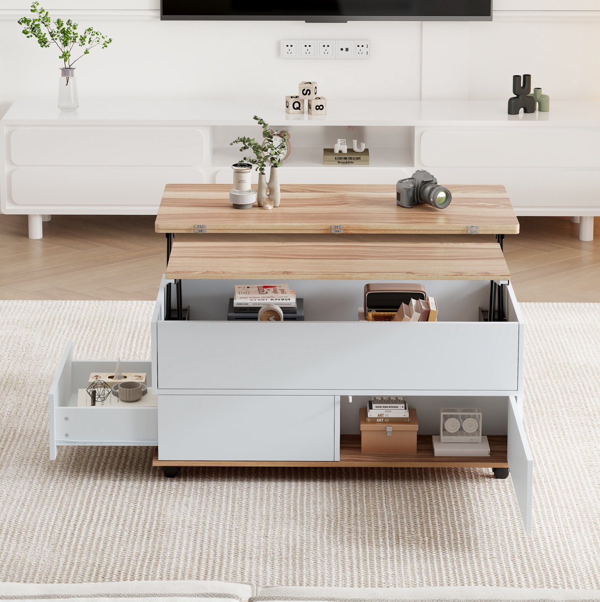 MODFU - Salontafel - Hoogteverstelbaar Met Opbergruimte En Lade - Met Wielen - Wit Houtlook