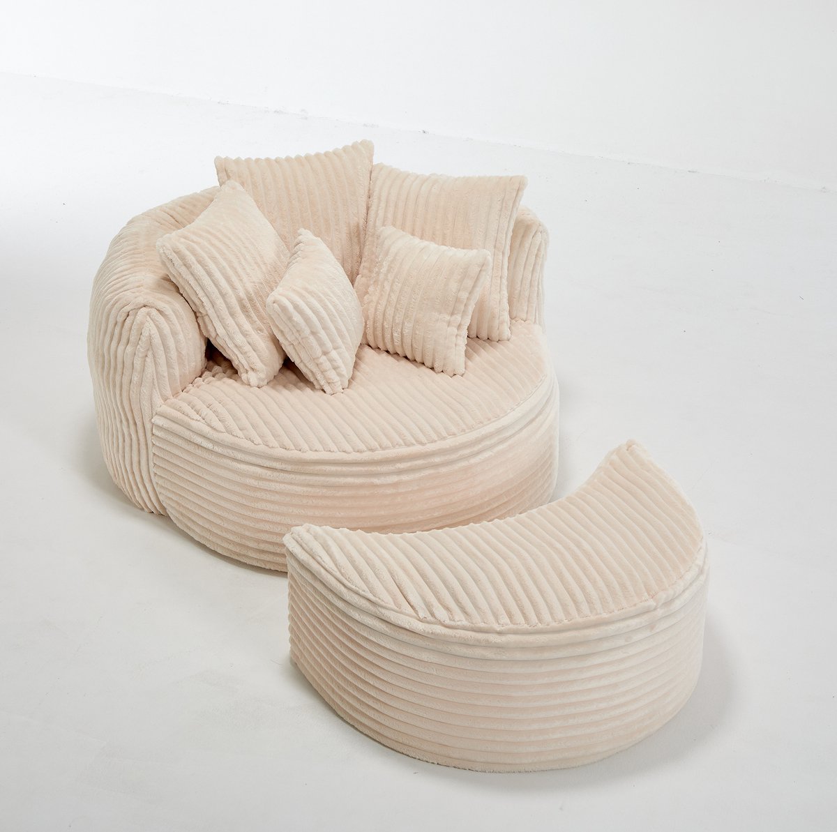 REDOM - Fauteuil - Extra groot rond ontwerp - Met rugleuning, armleuningen en hocker - Inclusief 5 kussens - Woonkamer en slaapkamer - Chenille - Beige - 168 x 123 x 63 cm
