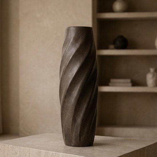 Fameilleur Grote bruine vaas 59 cm – espresso bruine stenen vaas met spiraalstructuur, hoge decoratieve vaas voor woonkamer, hal en modern interieur