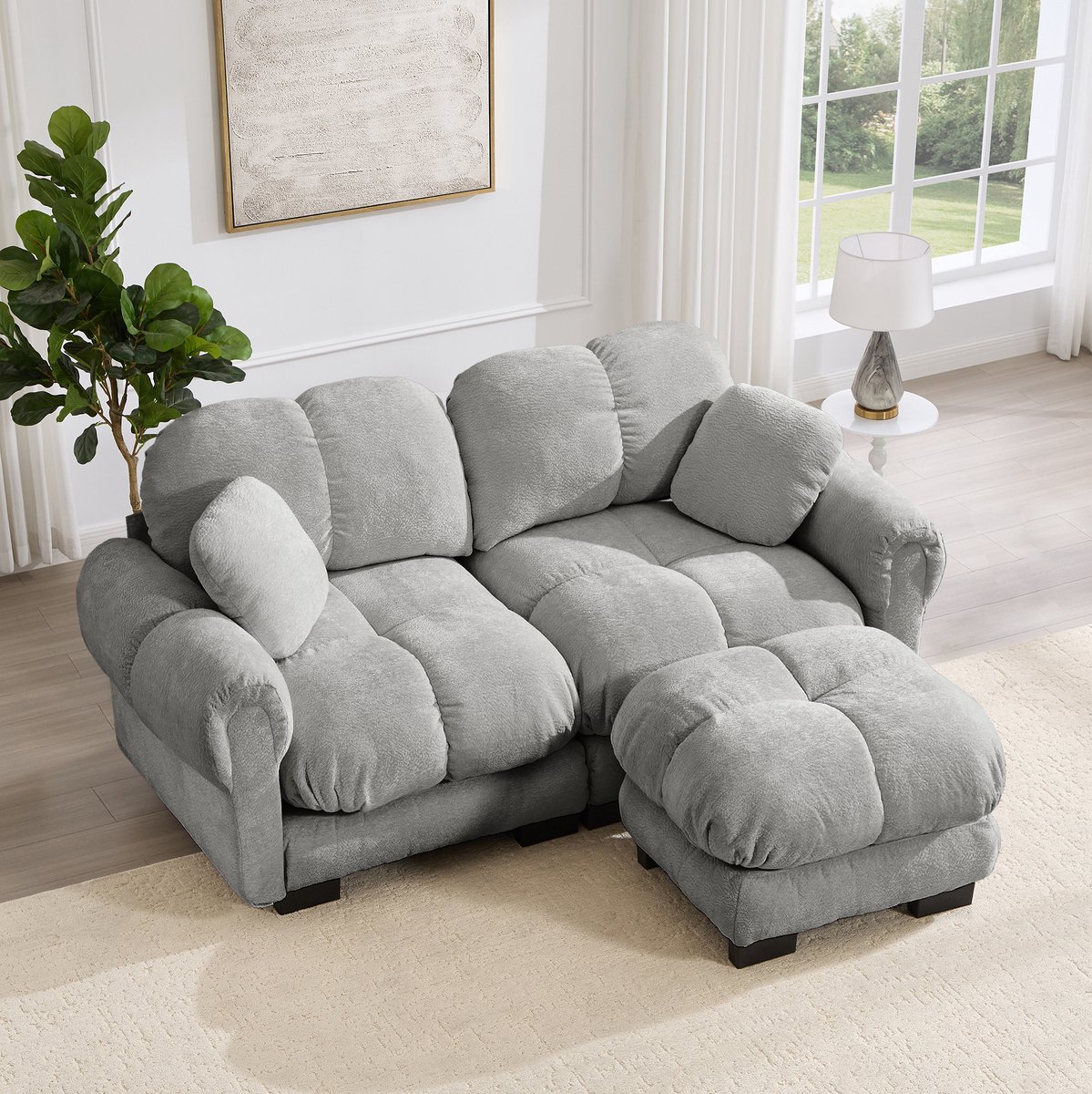 Wishdor Hoekbank - 2-zits modulair - Steppdesign en dikke kussens - L-vormige opstelling met verplaatsbare ottomane - Scandinavisch en basic - Chenille - Lichtgrijs - 190 x 149 x 90 cm