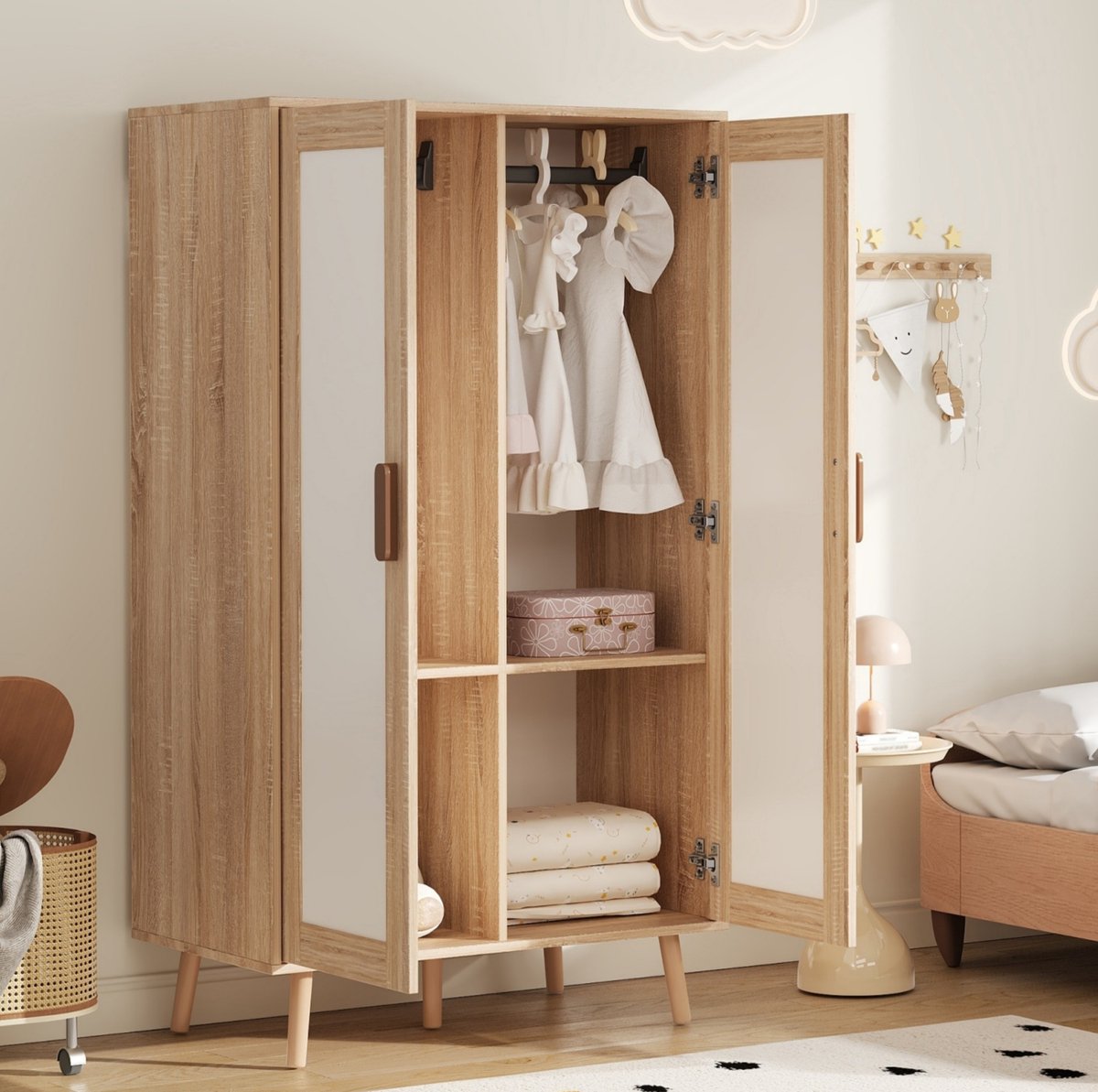 MIVRAY Kledingkast - Dubbele Deuren Met Kleerhangerstang En Legplank - Voor Kinderkamer En Slaapkamer - MDF - Wit Natuurlijk - 80 X 46 X 141,5 Cm Natuurlijk houtlook en wit
