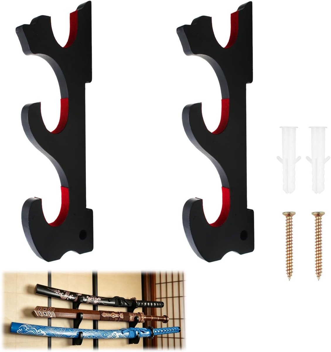 Zwaardhouder - Zwart - 24 x 7 x 1,3 cm - Houten Katana Wandhouder met Fluwelen Bekleding - Voor Zwaardverzamelaars en Cosplay
