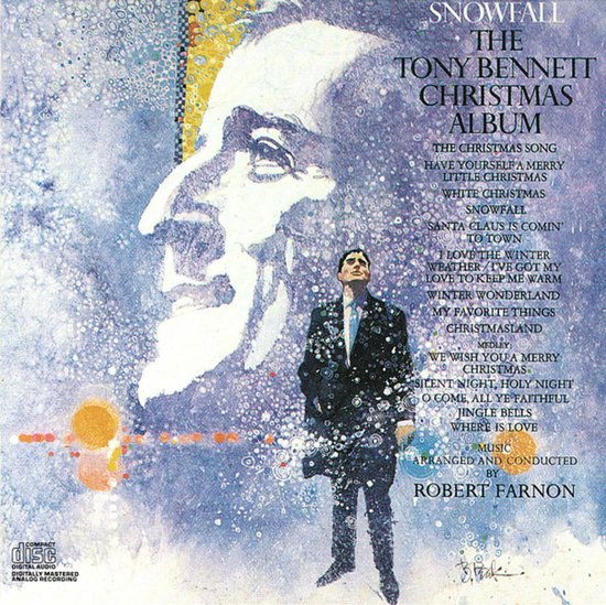 Albumhoes voor "Snowfall: The Tony Bennett Christmas Album" met een aquarel van Tony Bennett, getekend door Robert Farnon. Tracklist zichtbaar.