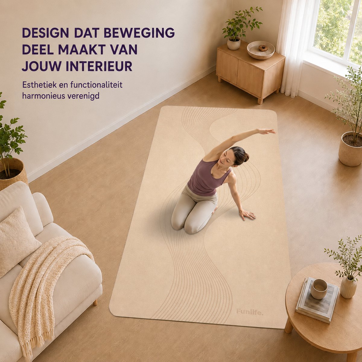 FunLife Yogamat Extra Breed 183 x 80 cm - 8 mm TPE Fitnessmat Antislip met Draagriem - Pilates en Trainingsmat - Beige Lijndesign thumbnail 3