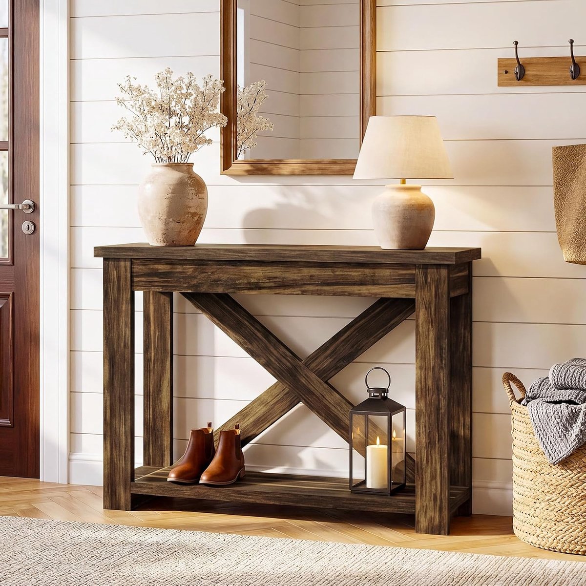 Tribesigns Consoletafel - Sidetable met plank - Hout - Bruin - 2-laags X-vormige versteviging - 105 x 30 x 80 cm - Console Tafel voor Hal, Woonkamer, Entree