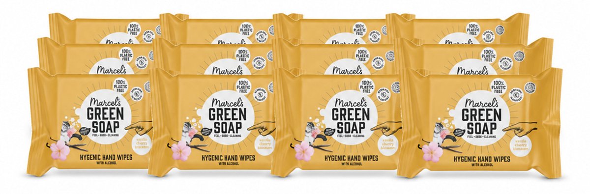 12 x Marcel's Green Soap - Hand doekjes - Vanille & Cherry Blossom - Mild & handig - 15 Doekjes - Voordeelverpakking - 12 stuks