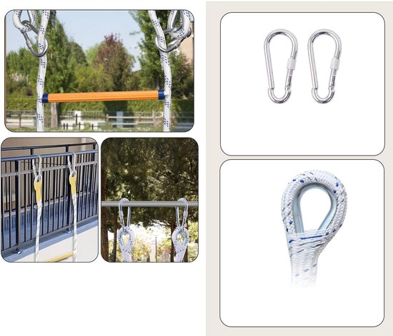 Set van brandtrappen met karabiners, bevestigd aan een reling en een horizontale stang.