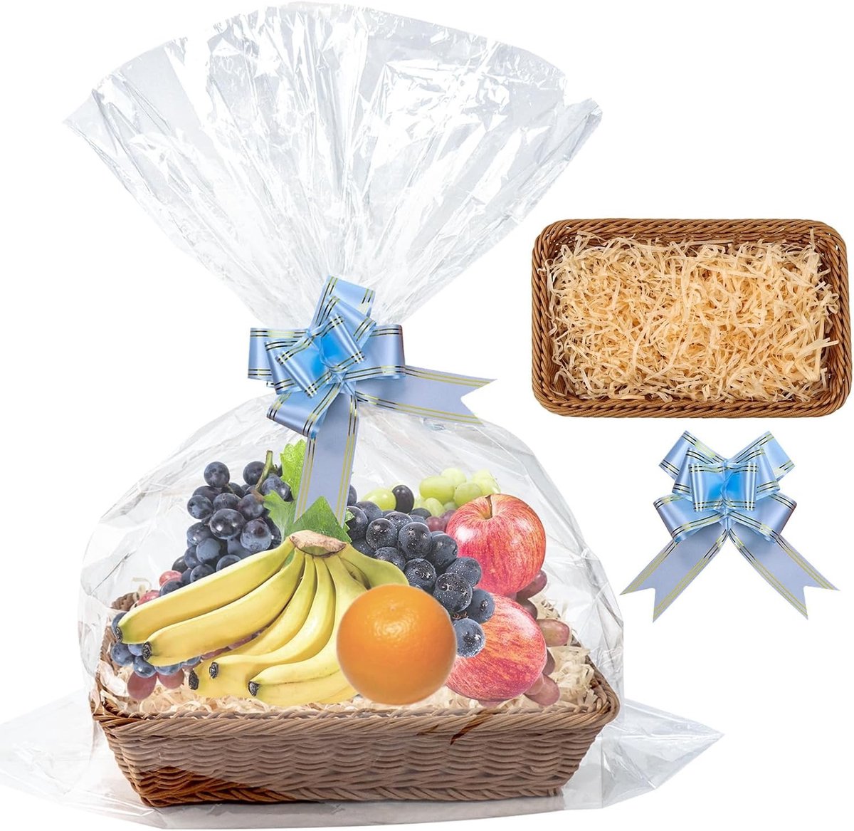Complete set voor het maken van geschenkbaskets 35 x 25 cm, inclusief 3 strikken, cellofaanzakken en versnipperd papier voor kerst, verjaardag en bruiloft