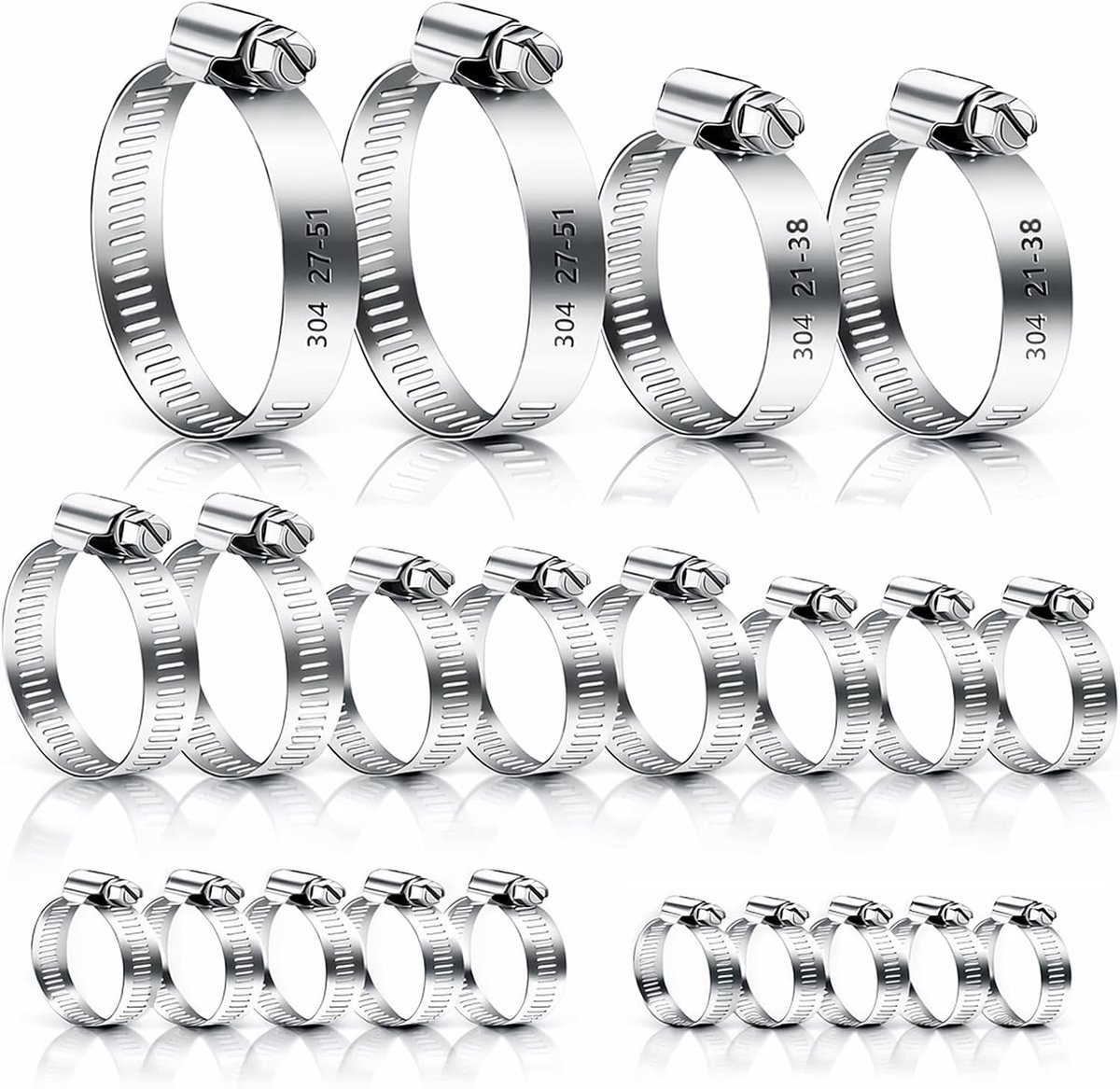 22-delige Slangklem Set, Verstelbare 6-51mm Pijpklemmen van RVS 304, Schroefklemmen voor Brandstofpomp, Gaskraan en Tuinslang