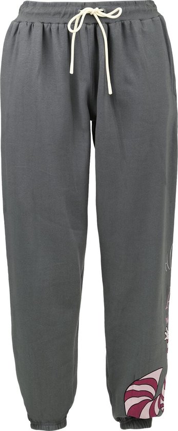Grijze joggingbroek met elastische tailleband, trekkoord en Cheshire Cat-detail op de enkel.