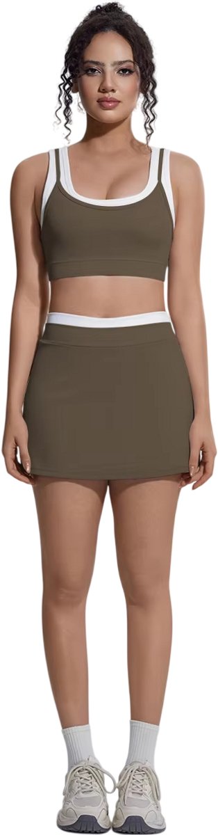 2-Delige Yogaset Dames – Sportieve Yoga Outfit, Fitness Kleding, Heuplift, Ademend, Rugvrij Design, Shorts met Zakken & Tennisrok - Bruin - Maat M