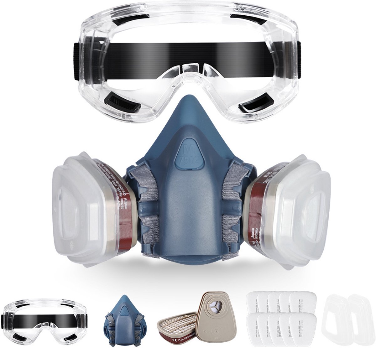 7502 Halfgelaatsmasker - Ademhalingsmasker - Gasmasker - Stofmasker - Beschermend masker tegen verf - met vervangbaar filter - Geschikt voor het spuiten van pesticiden en renovatiewerkzaamheden - Herbruikbaar - Blauw